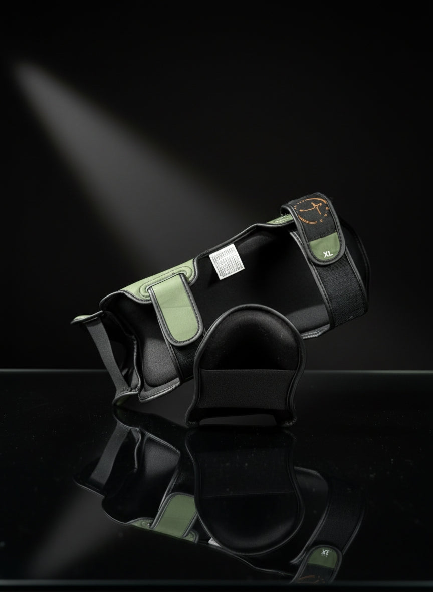 Schienbeinschoner in Military orange aus echtem Leder seitlich platziert mit sichtbaren Verschlussriemen robuster Schutz für Kickboxen