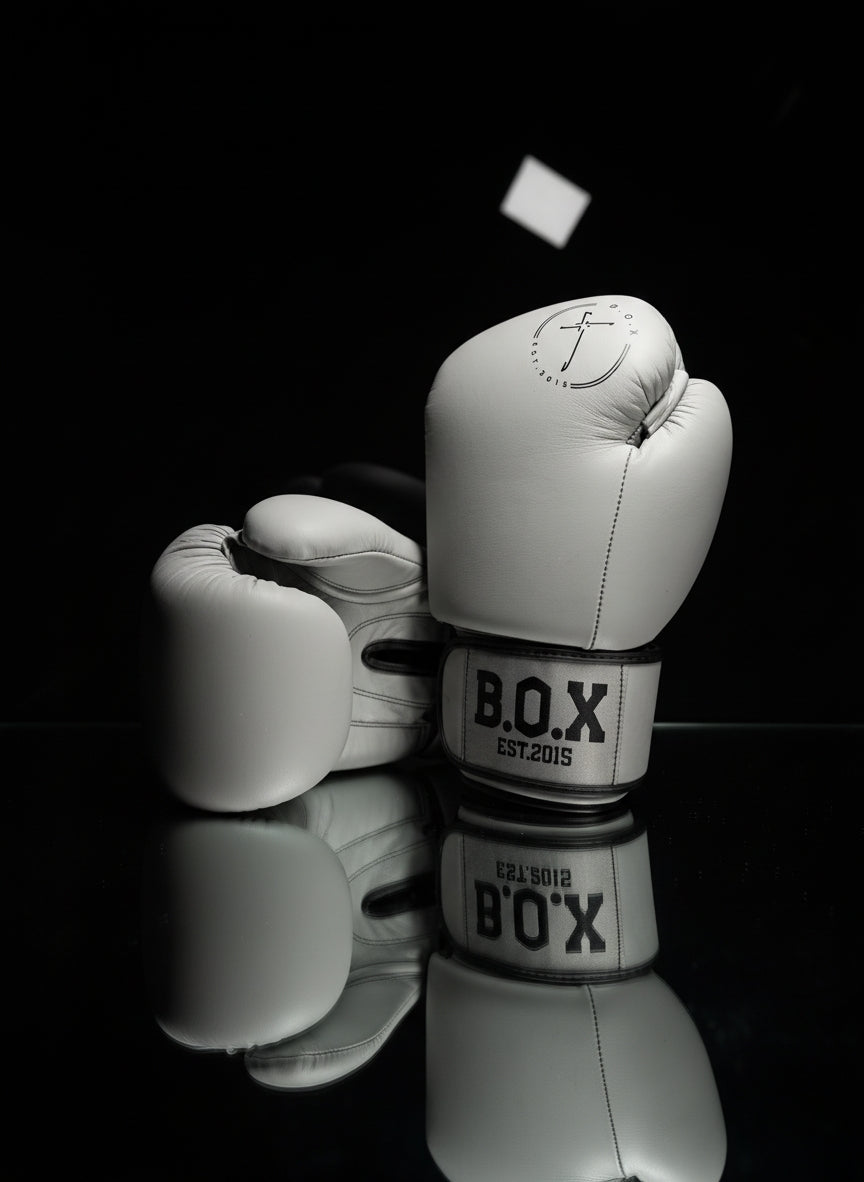 Boxhandschuhe in Asphalt Grey aus Echtleder aufrecht stehend mit sichtbarem Logo Premium Ausrüstung für Boxen und Kickboxen.