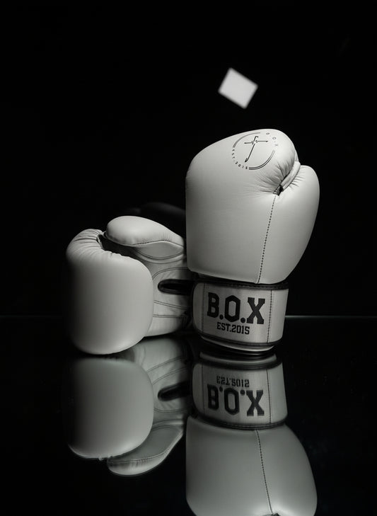 Boxhandschuhe in Asphalt Grey aus Echtleder aufrecht stehend mit sichtbarem Logo Premium Ausrüstung für Boxen und Kickboxen.