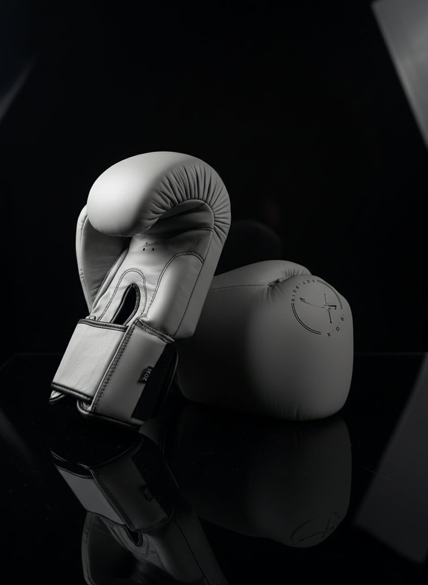 Boxhandschuhe in Asphalt Grey aus echtem Leder, ein Handschuh seitlich der andere in Rückansicht, Logo sichtbar strapazierfähige Ausrüstung für Boxen und Kickboxen