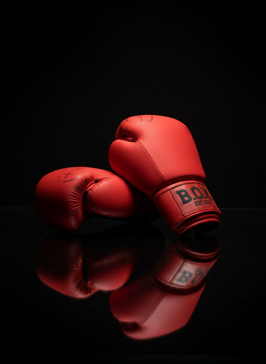 Boxhandschuhe in Cardinal Red aus echtem Leder nebeneinanderliegen, mit Logo sichtbar hochwertige Kampfsport, Ausrüstung für Boxen und Kickboxen.