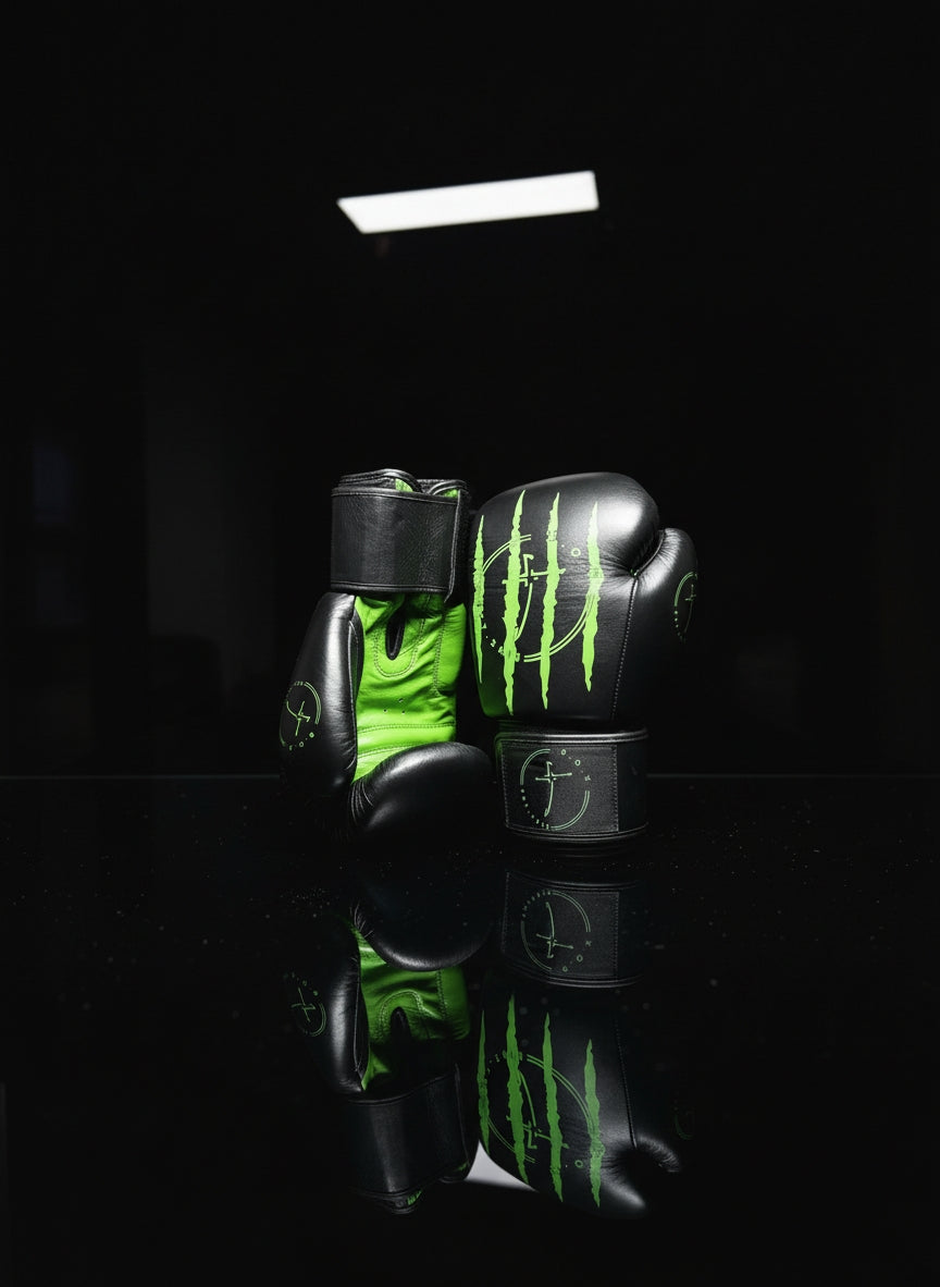 Boxhandschuhe in Toxic Green aus echtem Leder, ein Handschuh in Vorderansicht mit sichtbarem Logo der anderen Rückansicht, hochwertige Ausrüstung für Boxen und Kickboxen