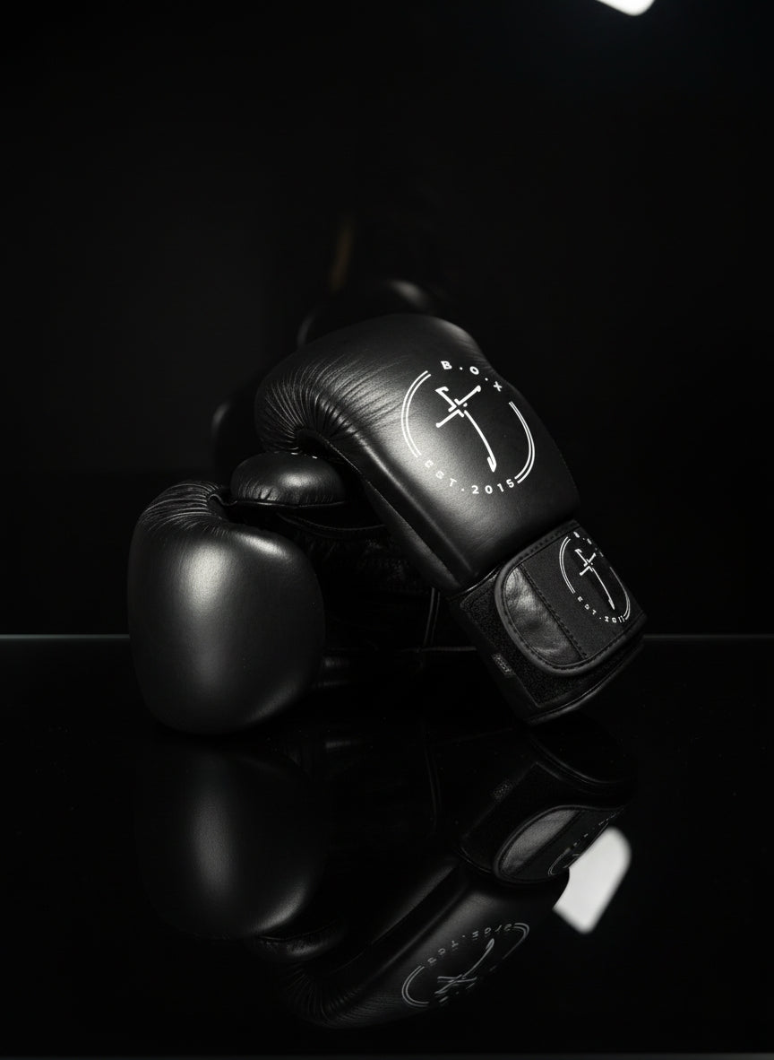 Boxhandschuhe Black Ice aus echtem Leder elegantes, schwarz, mit weißem Logo robust und hochwertig für Training und Sparring im Boxen und Kickboxen