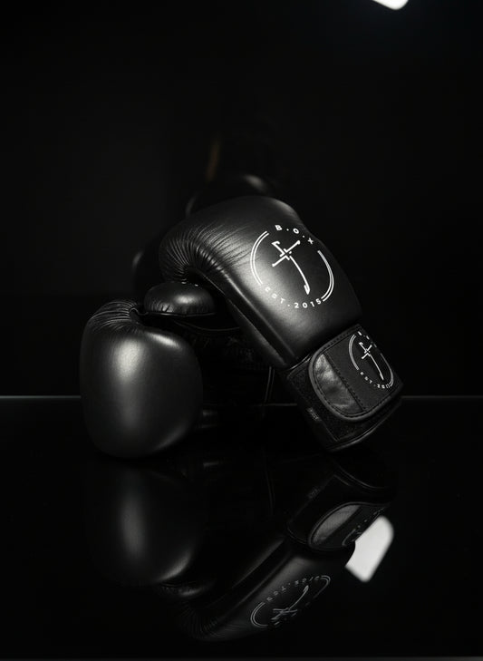 Boxhandschuhe Black Ice aus echtem Leder elegantes, schwarz, mit weißem Logo robust und hochwertig für Training und Sparring im Boxen und Kickboxen